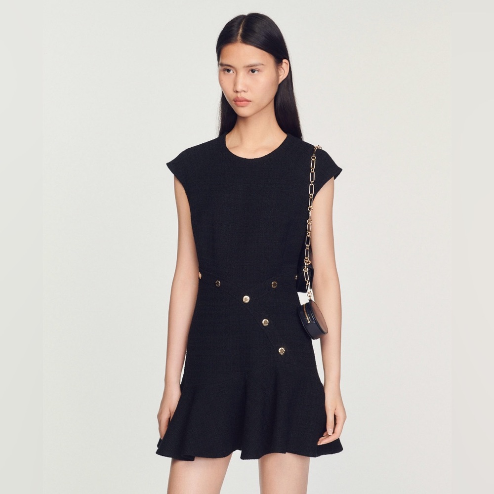 Sandro Black Mini Dress with Gold Buttons